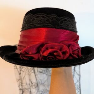 Black and Red Elope Hat with Lace Veil.